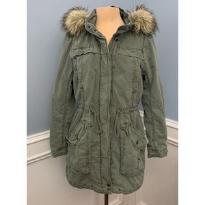 American Eagle Coat Womens M Barn Chore Military Hooded Anorak Parka Faux Fur
